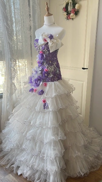Prom Dress Mermaid Strapless Purple White Tulle Long Formal Party Gown For Senior Women RC0523