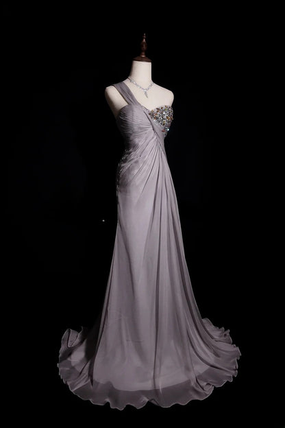 Silver Gray A Line One Shoulder Chiffon With Beading Floor Length Formal Party Gown RB9951