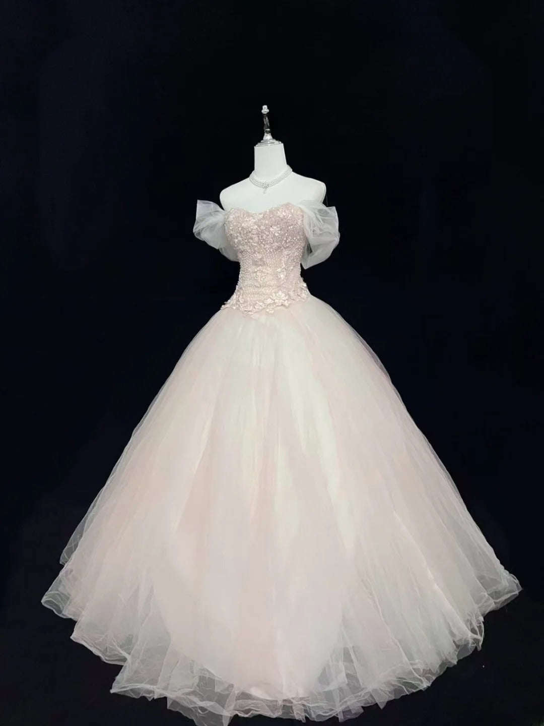 Cute Ball Gown Boat Light Pink With Appliqued Sleeves Long Quince Dress Voluminous Sweet 16 Sweet Sixteen Outfits Vestido de 15 RB7539
