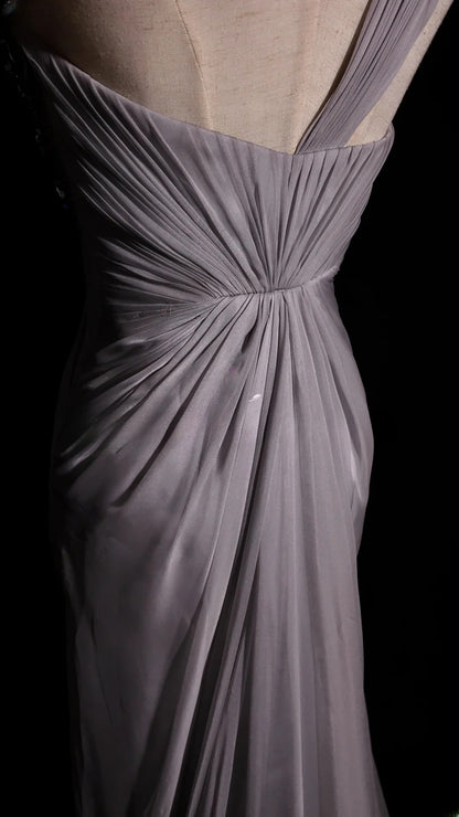 Silver Gray A Line One Shoulder Chiffon With Beading Floor Length Formal Party Gown RB9951