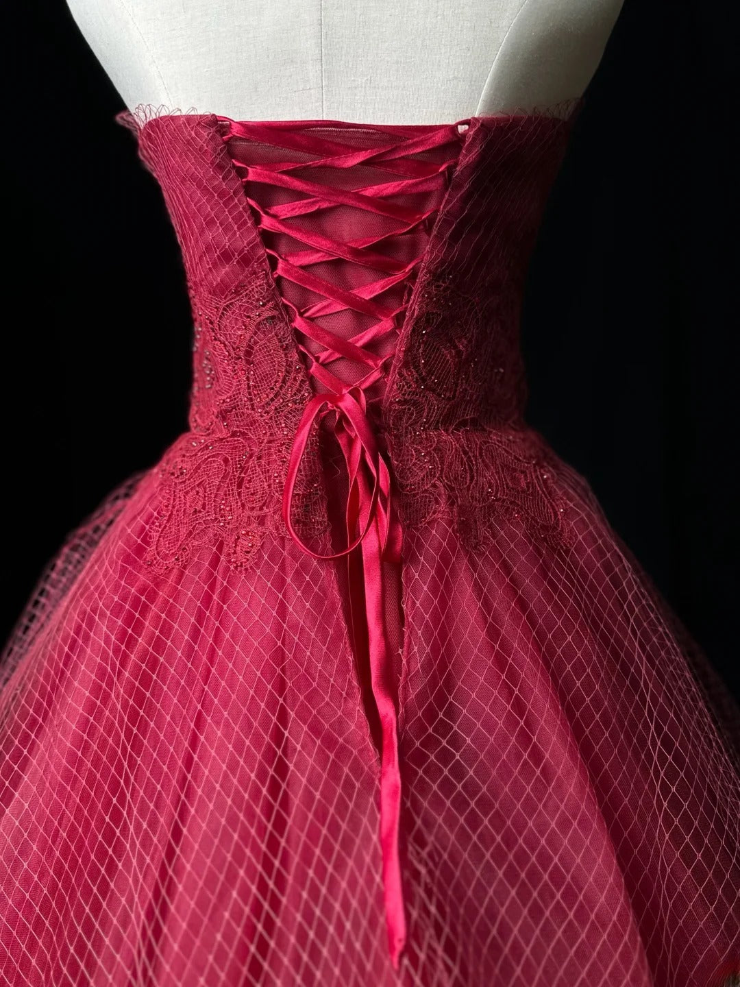 Vintage Prom Dresses Ball Gown Strapless Red Tulle With Flowers Long Party Gown Formal Outfits RB5969