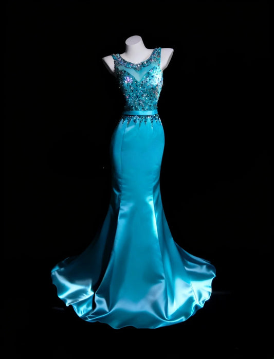 Abendkleider Meerjungfrau Rundhalsausschnitt Satin mit Perlen Bodenlang Formelles Partykleid RB9952