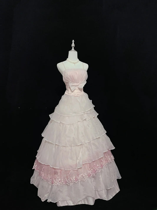 Vintage Ball Gown Spaghetti Straps Pink Chiffon With Appliqued Lace Long Prom Dress Formal Outfits Party Dresses RB7540