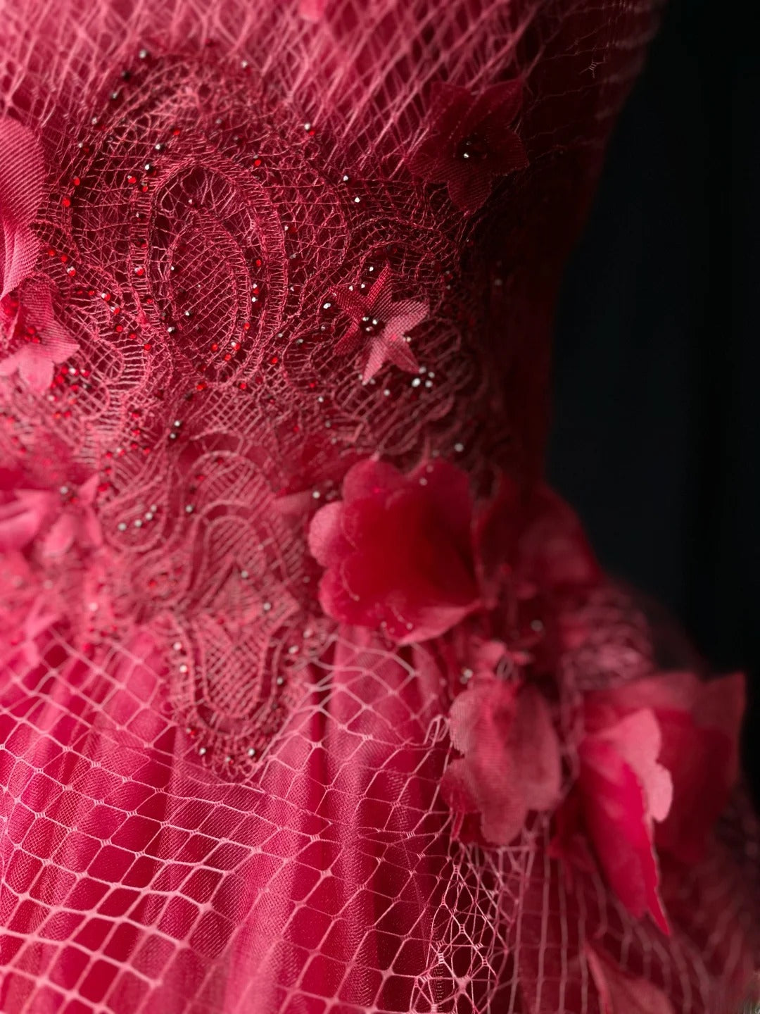 Vintage Prom Dresses Ball Gown Strapless Red Tulle With Flowers Long Party Gown Formal Outfits RB5969