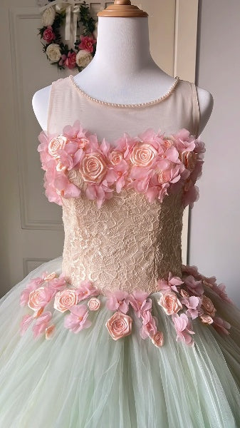 Elegant Sweet 16 Dress Long Scoop Sage Green With Pink Flowers Tulle Ball Gown Sweet Sixteen Party Birthday Dresses RC0524