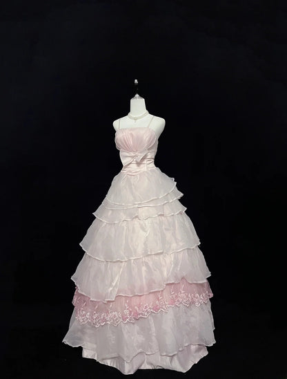 Vintage Ball Gown Spaghetti Straps Pink Chiffon With Appliqued Lace Long Prom Dress Formal Outfits Party Dresses RB7540