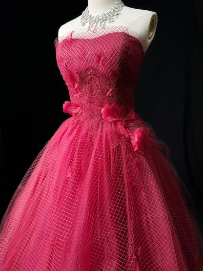 Vintage Prom Dresses Ball Gown Strapless Red Tulle With Flowers Long Party Gown Formal Outfits RB5969