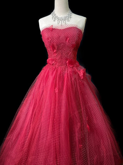 Vintage Prom Dresses Ball Gown Strapless Red Tulle With Flowers Long Party Gown Formal Outfits RB5969