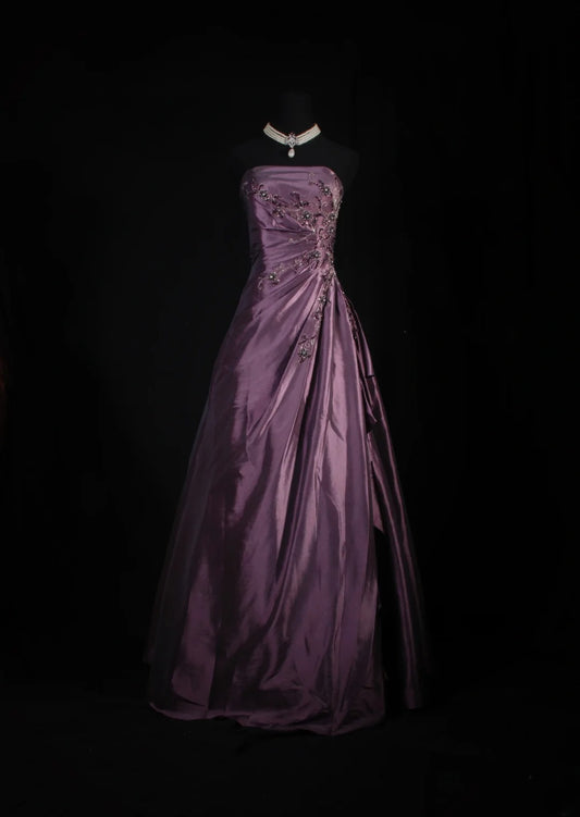 Vintage-Ballkleid, trägerloses, staubiges Lila, 1950er Jahre, langes Ballkleid, Partykleid, halbformelles Kleid AS162