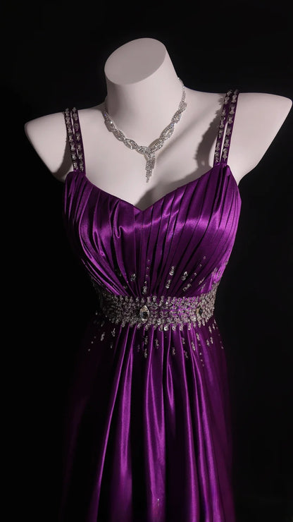 Satin Prom Dresses A Line Straps Purple With Beading Floor Length Formal Party Gown RB9954
