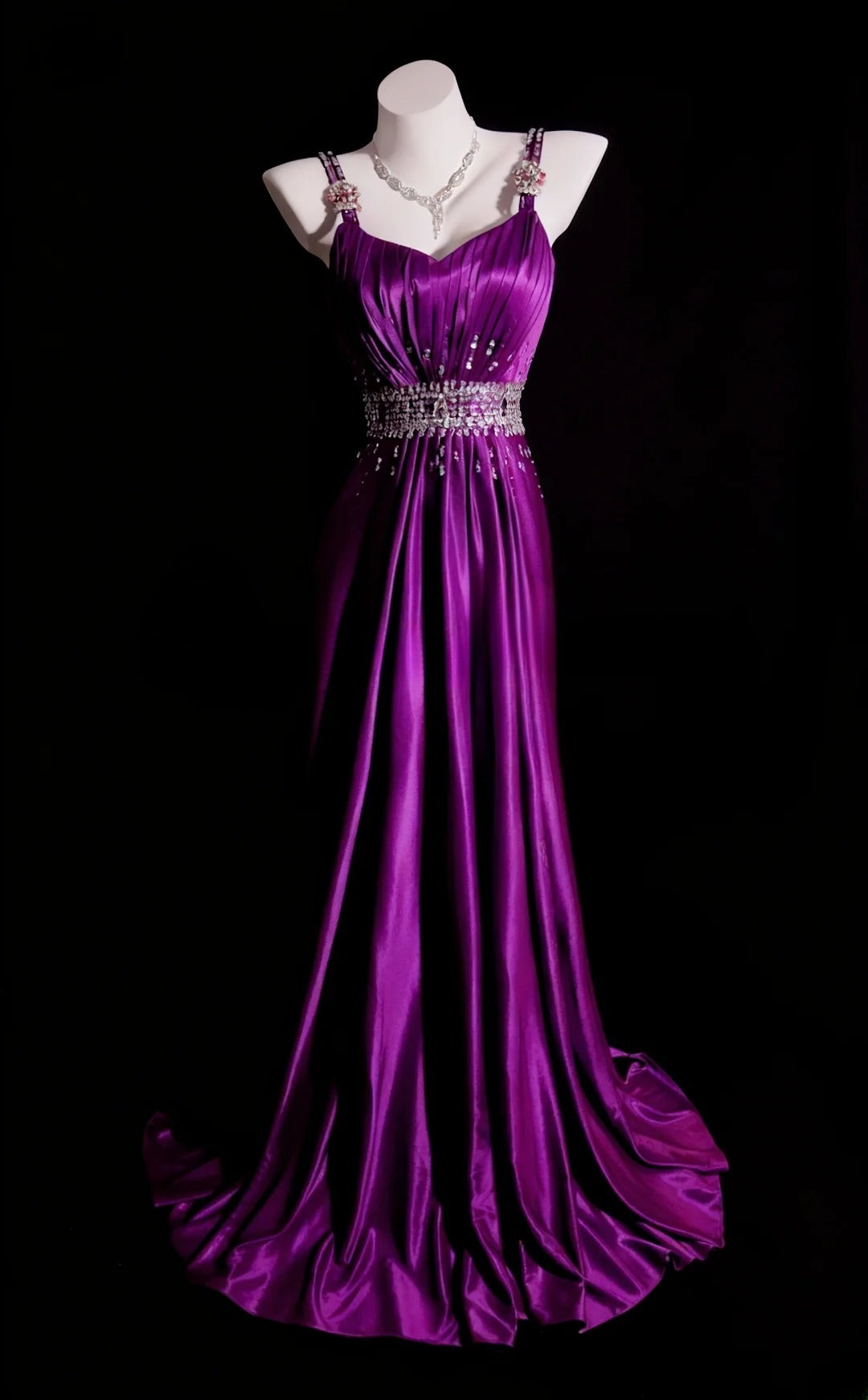 Satin Prom Dresses A Line Straps Purple With Beading Floor Length Formal Party Gown RB9954