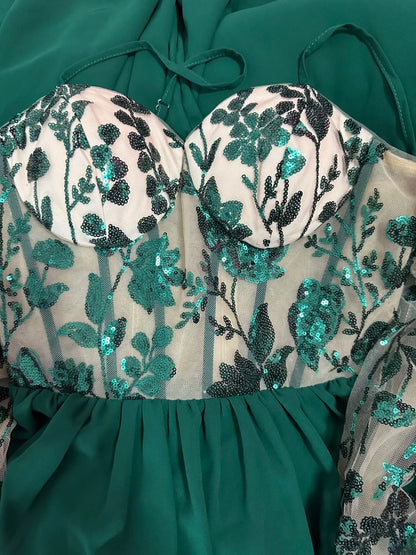 Vintage Prom Dresses A line Spaghetti Strap Green Chiffon With Sleeves Long Party Gown Formal Outfits RB5971