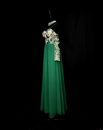 Vintage Prom Dresses A line Spaghetti Strap Green Chiffon With Sleeves Long Party Gown Formal Outfits RB5971