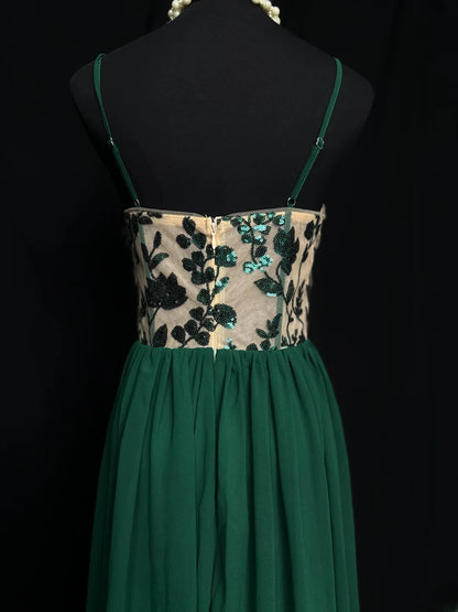 Vintage Prom Dresses A line Spaghetti Strap Green Chiffon With Sleeves Long Party Gown Formal Outfits RB5971