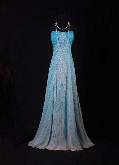 Funkelnde Ballkleider im ästhetischen A-Linien-Stil, trägerlos, blau mit Perlen, Inspiration, beeindruckend, langes, festliches, halbformelles Kleid für Teenager und Gymnasien AS163