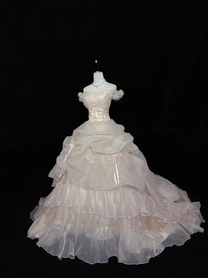 Cute Ball Gown Off The Shoulder Light Pink With Sleeves Long Quince Dress Voluminous Sweet 16 Sweet Sixteen Outfits Vestido de 15 RB7543