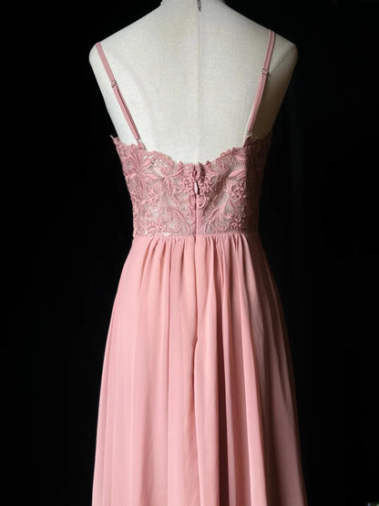 Vintage Prom Dresses A line Spaghetti Strap Pink Chiffon Lace Long Party Gown Formal Outfits RB5972