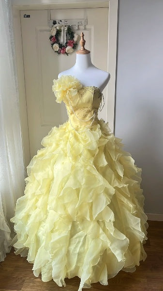 Sweet 15 Quinceanera Dress Ball Gown Strapless Yellow With Tiered Layers Long 15th Birthday Gown RC0527