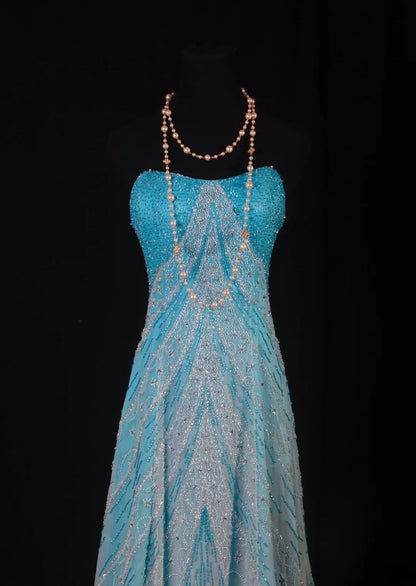 Funkelnde Ballkleider im ästhetischen A-Linien-Stil, trägerlos, blau mit Perlen, Inspiration, beeindruckend, langes, festliches, halbformelles Kleid für Teenager und Gymnasien AS163