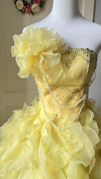 Sweet 15 Quinceanera Dress Ball Gown Strapless Yellow With Tiered Layers Long 15th Birthday Gown RC0527