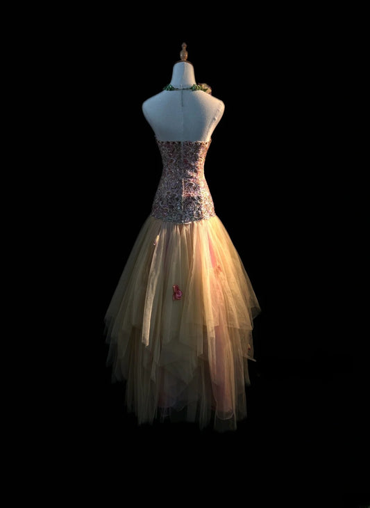 Vintage Prom Dresses Meerjungfrau Neckholder-Kleider Champagner Tüll Mit Spitze Ärmellos Lange Abendformelle Outfits RB3599