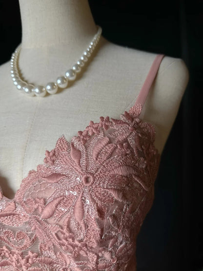 Vintage Prom Dresses A line Spaghetti Strap Pink Chiffon Lace Long Party Gown Formal Outfits RB5972