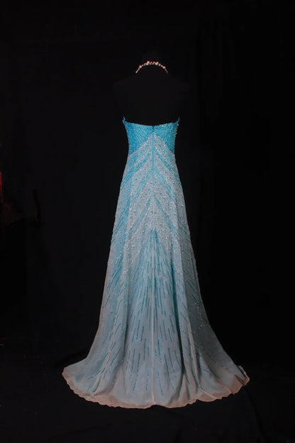 Funkelnde Ballkleider im ästhetischen A-Linien-Stil, trägerlos, blau mit Perlen, Inspiration, beeindruckend, langes, festliches, halbformelles Kleid für Teenager und Gymnasien AS163