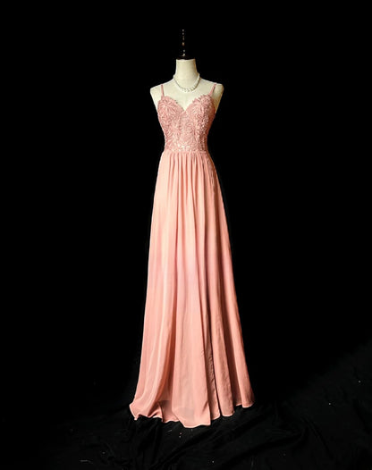 Vintage Prom Dresses A line Spaghetti Strap Pink Chiffon Lace Long Party Gown Formal Outfits RB5972