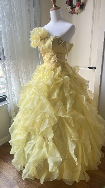 Sweet 15 Quinceanera Dress Ball Gown Strapless Yellow With Tiered Layers Long 15th Birthday Gown RC0527