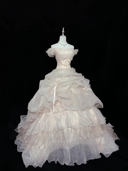 Cute Ball Gown Off The Shoulder Light Pink With Sleeves Long Quince Dress Voluminous Sweet 16 Sweet Sixteen Outfits Vestido de 15 RB7543
