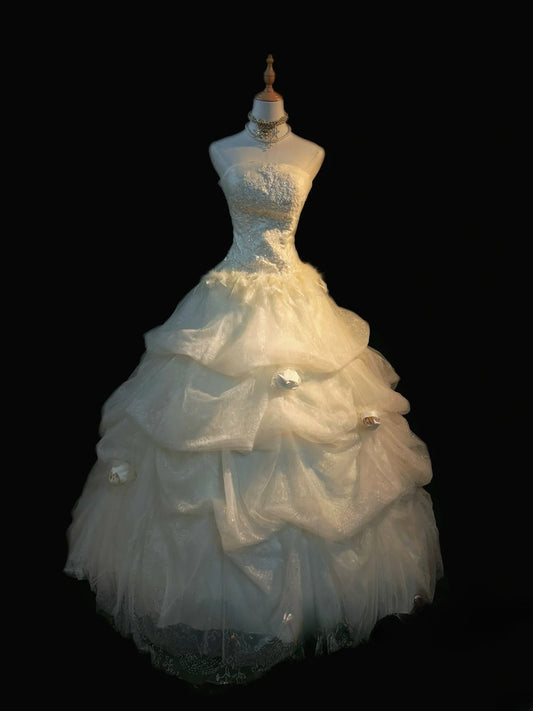 Elegant Classy Ball Gown Strapless Tulle Sleeveless With Ruffled Brides Gown Bridal Dress Long Poofy Wedding Dresses RB5808