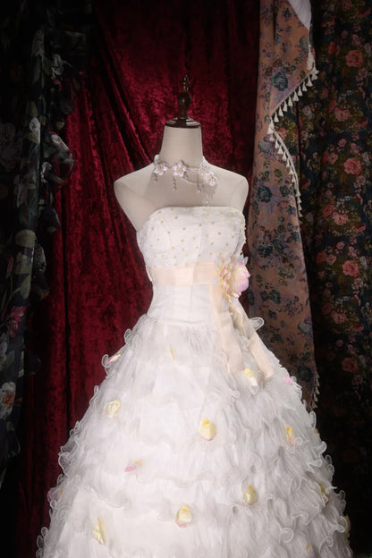 Chic Ball Gown Strapless Ivory Tulle Long With Beading Flower Tiered Quince Dress inspo Party Gowns Sweet 16 Outfits RB8299