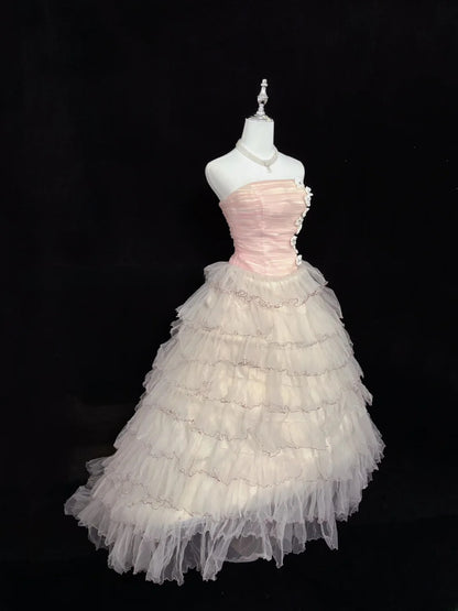 Cute Ball Gown Strapless Light Pink With Tiered Layers Long Quince Dress Voluminous Sweet 16 Sweet Sixteen Outfits Vestido de 15 RB7544