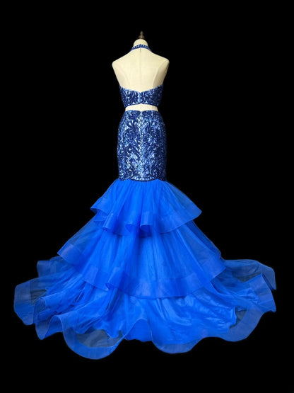 Chic Prom Dresses Mermaid 2 Pieces Royal Blue Sequin Sleeveless Long Formal Outfits RB5974