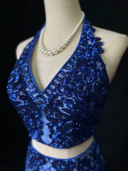 Chic Prom Dresses Mermaid 2 Pieces Royal Blue Sequin Sleeveless Long Formal Outfits RB5974
