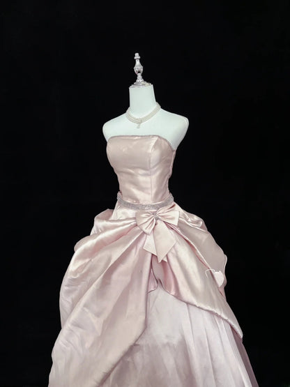 Cute Ball Gown Strapless Pink With Bow Silver Beading Long Quince Dress Voluminous Sweet 16 Sweet Sixteen Outfits Vestido de 15 RB7545