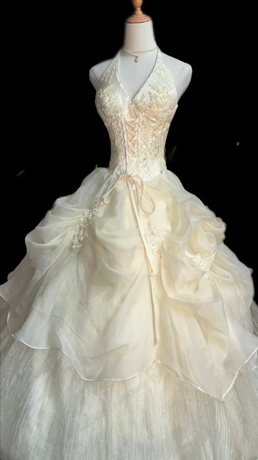 Elegant Classy Ball Gown Halter Organza Sleeveless With Ruffled Brides Gown Bridal Dress Long Poofy Wedding Dresses RB5810