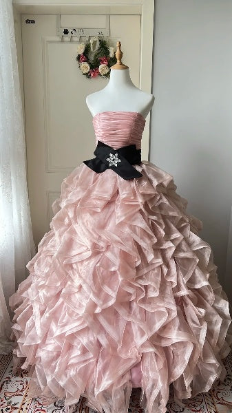 Sweet 15 Quinceanera Dress Ball Gown Strapless Pink With Tiered Layers Long 15th Birthday Gown RC0528