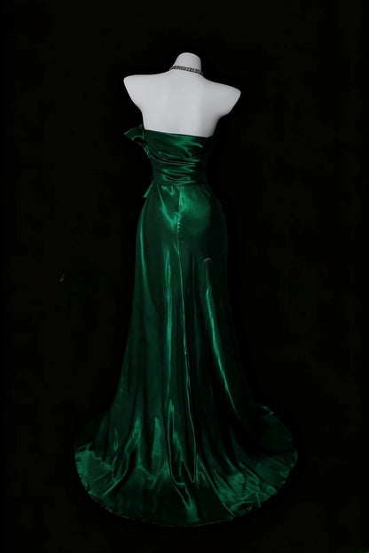 Satin Prom Dresses Mermaid Halter Dark Green With Beading Floor Length Formal Party Gown RB9957