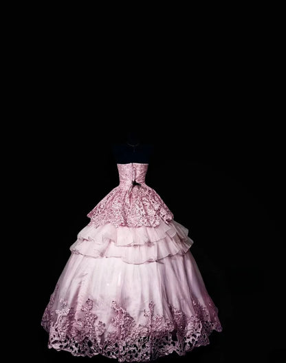 Modest Ball Gown Strapless Pink Lace Long Quinceañera Dress Moda 2000 15 Quinceanera Dresses Ideas Sweet 16 Outfits RB7149