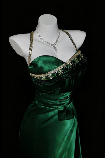 Satin Prom Dresses Mermaid Halter Dark Green With Beading Floor Length Formal Party Gown RB9957