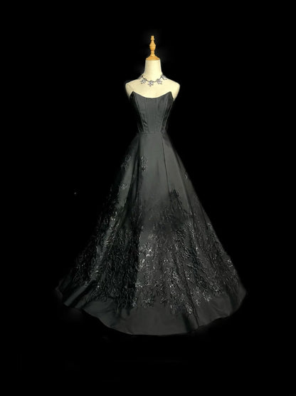 Vintage Prom Dresses Ball Gown Strapless Black With Lace Satin Long Party Gown Formal Outfits RB5975