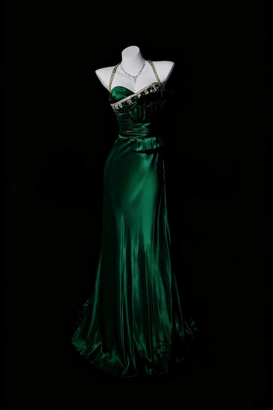 Dunkelgrünes bodenlanges Satin-Abendkleid im Meerjungfrauen-Stil mit Neckholder und Perlenverzierung RB9957