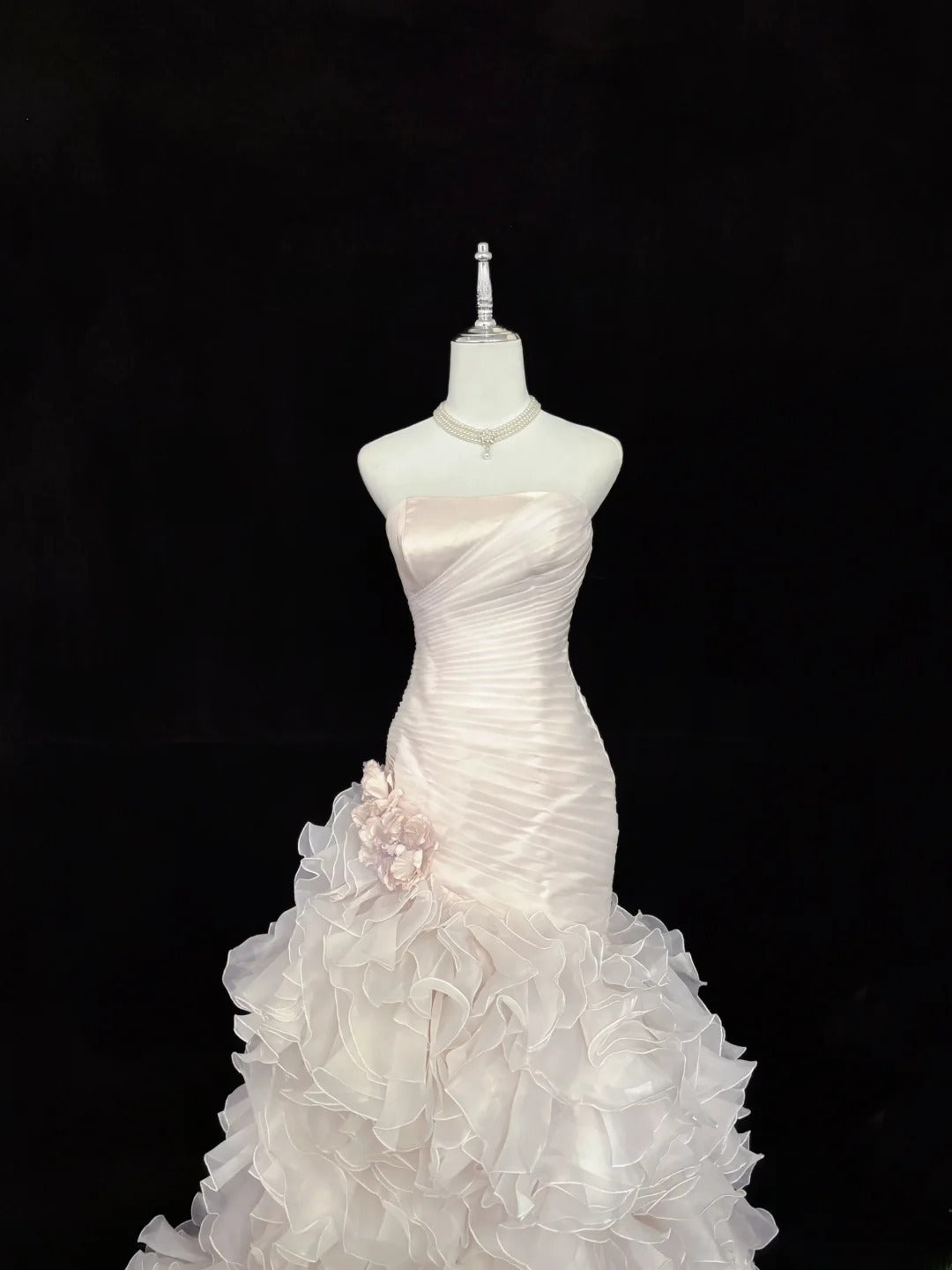 Vintage Mermaid Strapless Pink Chiffon With Tiered Layers Flower Long Prom Dress Formal Outfits Party Dresses RB7546