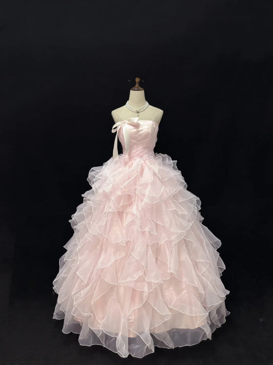 Cute Ball Gown Strapless Pink With Bow Ruffles Tiered Long Quince Dress Voluminous Sweet 16 Sweet Sixteen Outfits Vestido de 15 RB7547