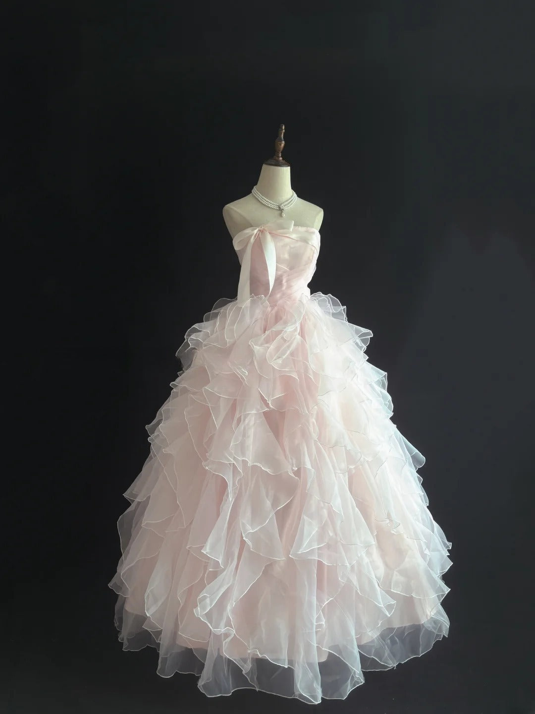 Cute Ball Gown Strapless Pink With Bow Ruffles Tiered Long Quince Dress Voluminous Sweet 16 Sweet Sixteen Outfits Vestido de 15 RB7547