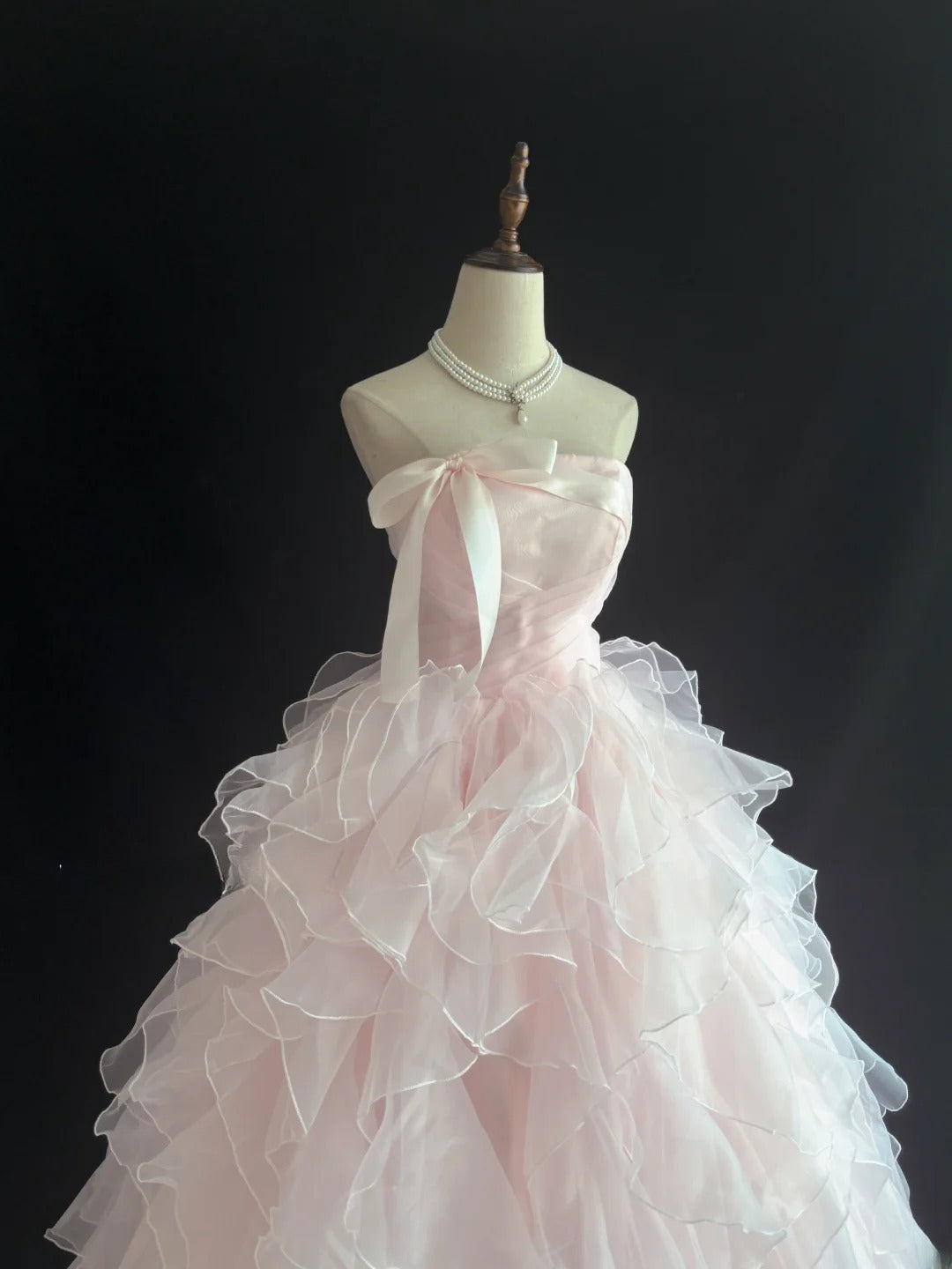 Cute Ball Gown Strapless Pink With Bow Ruffles Tiered Long Quince Dress Voluminous Sweet 16 Sweet Sixteen Outfits Vestido de 15 RB7547