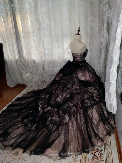 Ball Gown Sweet 16 Dress, Long Floral Strapless Tulle Lace Sweet Sixteen Birthday Party Dress RB9958