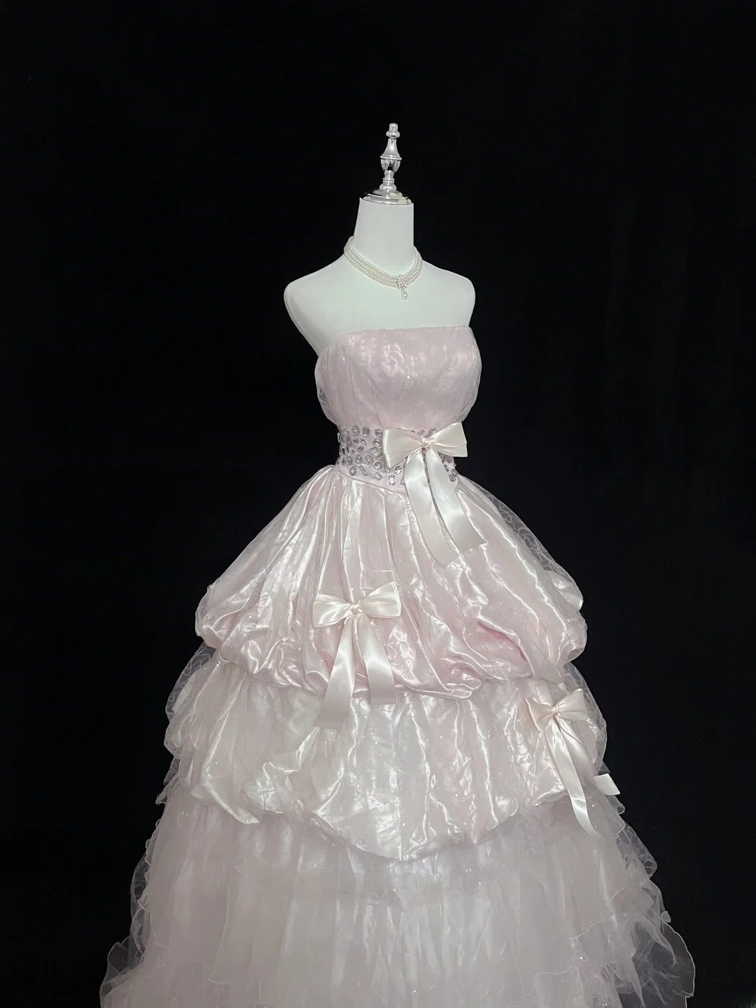 Cute Ball Gown Strapless Pink With Bow Ruffles Tiered Cake Skirt Long Quince Dress Voluminous Sweet 16 Sweet Sixteen Outfits Vestido de 15 RB7548