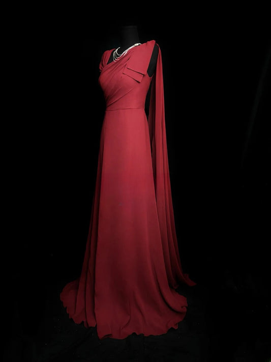 Chic Prom Dresses A line Wine Red Chiffon With Ruffled Sleeveless Long Formal Outfits RB5977
